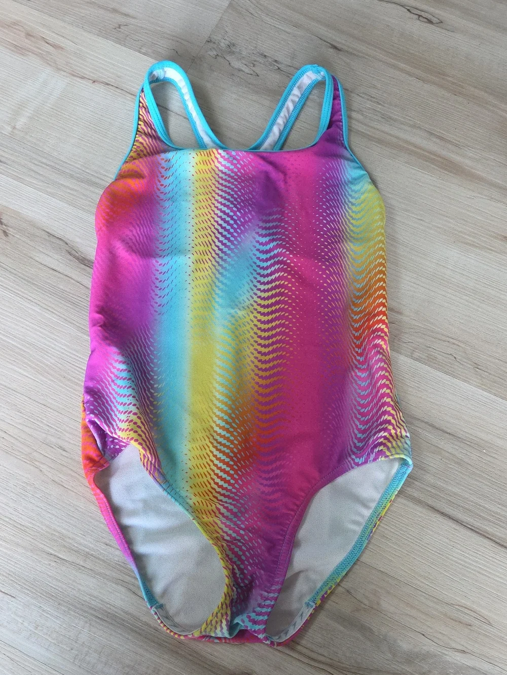 Speedo Girls Rainbow Stripe One-Piece Swimsuit - Pink Blue Yellow